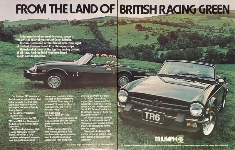 Triumph vintage auto ad; From the land of British Racing Green Triumph vintage auto ad; From the land of British Racing Green